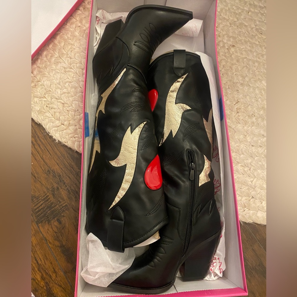 Olivia Miller Black Heeled Boots with Gold and Red Accents